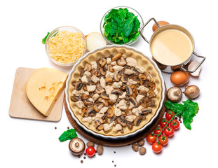 shortbread dough for baking quiche tart and filling in baking form