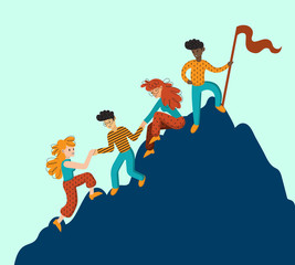 Group of climbers helping each other. Concept of teamwork. International business people in mountains. Leader on the top. Vector illustration in flat cartoon style.