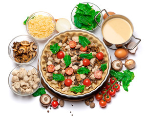 shortbread dough for baking quiche tart and filling in baking form