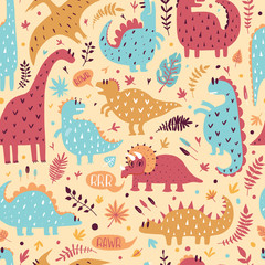 Seamless pattern of cute dinosaurs with tropical leaves. Hand drawn vector illustration. Cute dino design for kids.