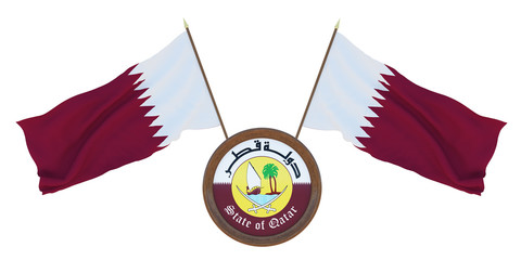 National flag  and the coat of arms 3D illustrationof Qatar. Background for editors and designers. National holiday