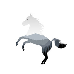 Silhouette of running horse with mountain landscape. Grey tones.
