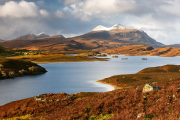 Cam loch with Cul Mor and Elphin in the background