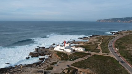 Aerial view from a lighthouse in the Portuguese coastline. Cape raso Lighthouse Cascais, Portugal