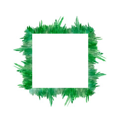 Bright watercolor frame, green grass leaves, on a white background. Spring fresh pattern with bright print, hand painted for beautiful greeting