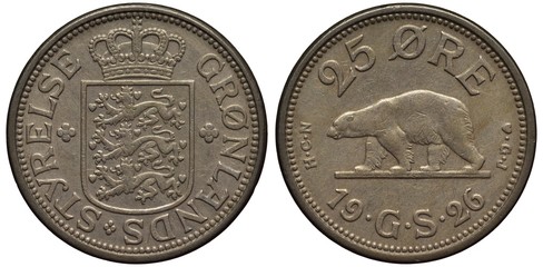Greenland Greenlandic coin 25 twenty five ore 1926, Danish Administration, crowned shield with lions flanked by rosettes, white bear walking left, 