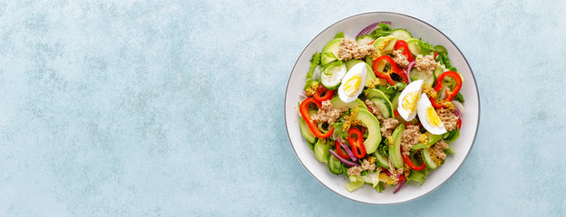 Tuna salad with boiled egg and fresh vegetables. Healthy diet food. Greek cuisine. Top view. Banner