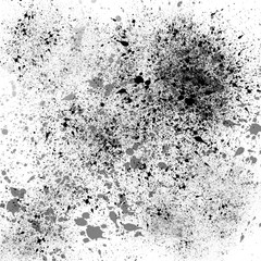 Isolated artistic ink paint splatter textures and decorative elements on white paper background. Chaotic isentegration effect.