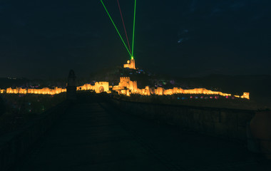 The Tsarevets fortress, illuminated at night.