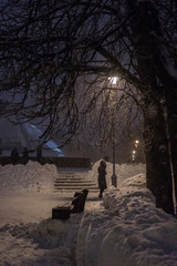 Park alley with falling snow at night.