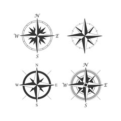 Old compass vintage style black vector set. Wind rose compass retro design icon set.