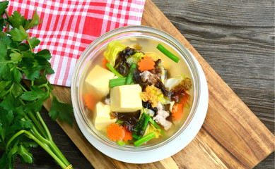 Clear soup with egg tofu homemade,mixed vegetable and saweed..Thai easy menu.