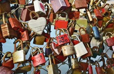 love locks at the Salzburg Bridge Autria., A lot of Padlocks or keys heart shape for wallpaper.