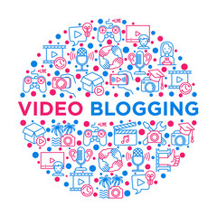 Video blogging concept in circle with thin line icons: vlog, ASMR, mukbang, unboxing, DIY, stream game, review, collaboration, podcast, tipa and tricks. Vector illustration, print media template.