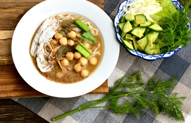 Rice noodles in pickled fish with herb and curry soup with small fish balls Serve with many vegetables. ( Thai name is Kanom Jeen Nam Ya Pa )