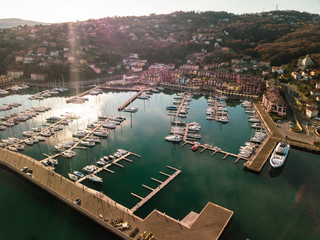 aerial shot from the drone,of Boats in Marina. Port San Rocco  , Muggia Italy 