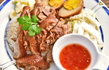 Stewed pork leg on rice (Thai name is Kao Ka Moo)..Thai street food menu.