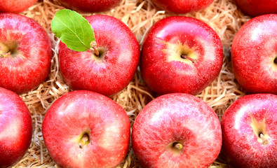 A lot of fresh Red Gala apples with green leaf on Straw or wood wool shavings packaging in the supermarket.