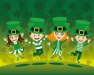 Kids jumping in costumes for St. Patrick's Day.