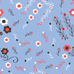 white and red flowers and branches on a light blue color