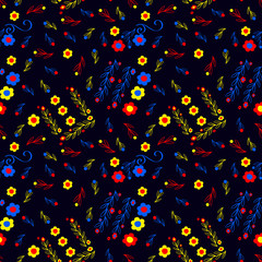 red and yellow floral ornaments on a dark blue color