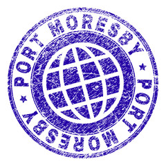 PORT MORESBY stamp imprint with grunge effect. Blue vector rubber seal imprint of PORT MORESBY caption with dirty texture. Seal has words arranged by circle and planet symbol.