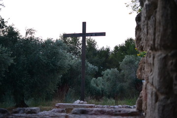 Jesus brotherhood monastery Latrun, chapel with cross and garden, Israel