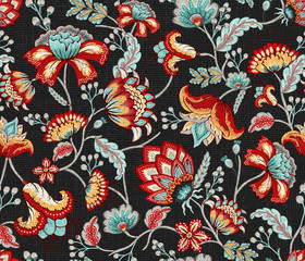 Red Teal Indian Floral in Dark Gray Seamless Pattern