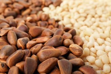 Pile of pine nuts as background, closeup