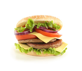 Tasty double burger with cheese on white background