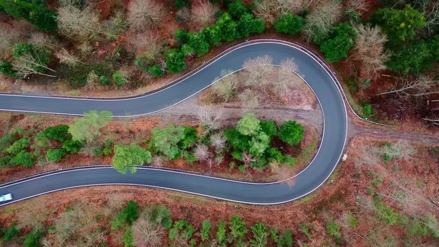 Strassenkurve im Wald - Luftaufnahme, mit hellem, silbernen Auto
