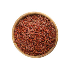 Fototapeta na wymiar Wooden bowl with brown rice on white background, top view
