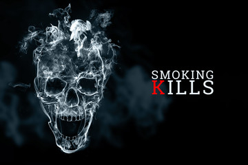 Skull from cigarette smoke on a black background. The inscription smoking kills. Creative background. The concept of smoking kills, nicatine poisons, cancer from smoking, stop smoking. Copy space.