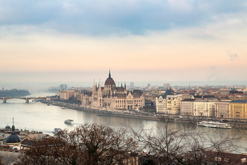 View of Budapest parliament at sunset, Hungary
