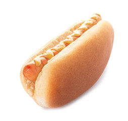 Tasty hot dog with mustard on white background