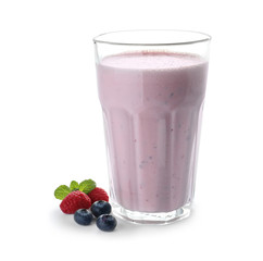 Glass of protein shake and berries isolated on white