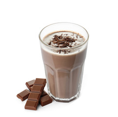 Glass of chocolate protein shake and ingredient isolated on white