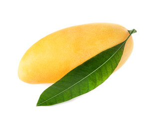 Fresh ripe mango with green leaf isolated on white