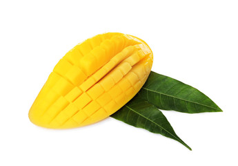 Fresh juicy mango half and leaves on white background