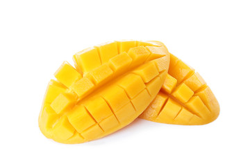 Fresh juicy mango halves on white background
