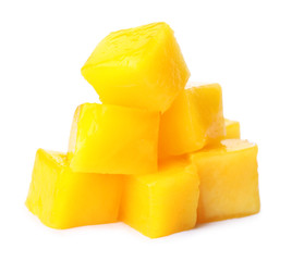 Fresh juicy mango cubes on white background