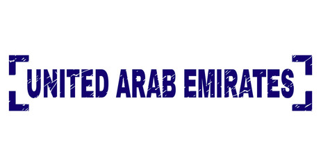 UNITED ARAB EMIRATES text seal print with grunge texture. Text title is placed between corners. Blue vector rubber print of UNITED ARAB EMIRATES with retro texture.