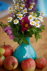 Bunter Blumenstrauß mit  Blumen und Kräutern wie Mutterkraut, Cosmea, Pefferminze und Äpfeln aus dem Garten in blauer Vase