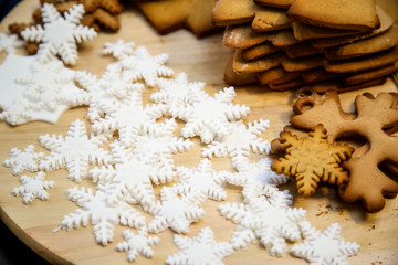 Cookies with icing. Christmas cookies in the shape of snowflakes.