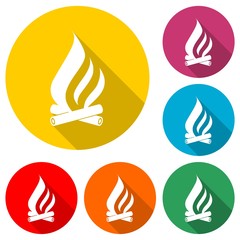 Campfire icon, bonfire flat logo, color set with long shadow