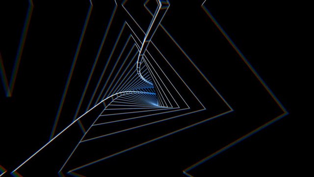 Geometric laser lowpoly tunnel with beat reactive chromatic distortion. Seamless neon retro futuristic animation 128 bpm