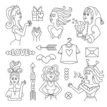 Vector set with isolated stickers on the theme of love. Symbols of Valentine's Day on white background