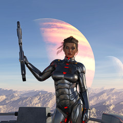 3d illustration of a futuristic female soldier in full body armor with one arm upraised holding a weapon on an alien world with a planet and moon in the background. © Bert Folsom