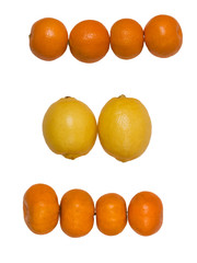 Tangerines and lemons on white background