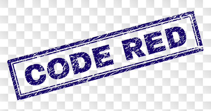 CODE RED stamp seal print with rubber print style and double framed rectangle shape. Stamp is placed on a transparent background. Blue vector rubber print of CODE RED tag with retro texture.